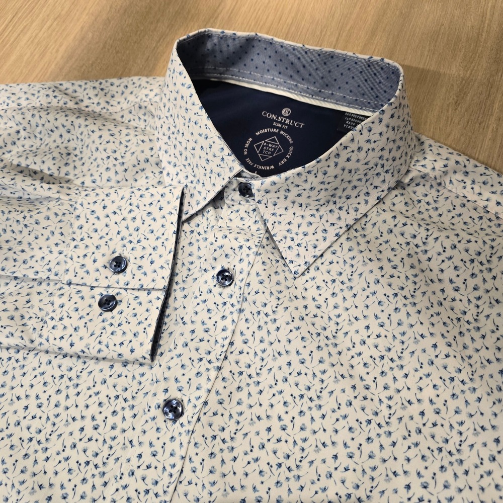 CON.STRUCT Mens Slim Fit Floral Dress Shirt Blue White 4-Way Stretch Large L